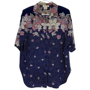 Vintage 80s Floral Printed Button Down Blouse Shoulder Pads Womens Plus Size 1X